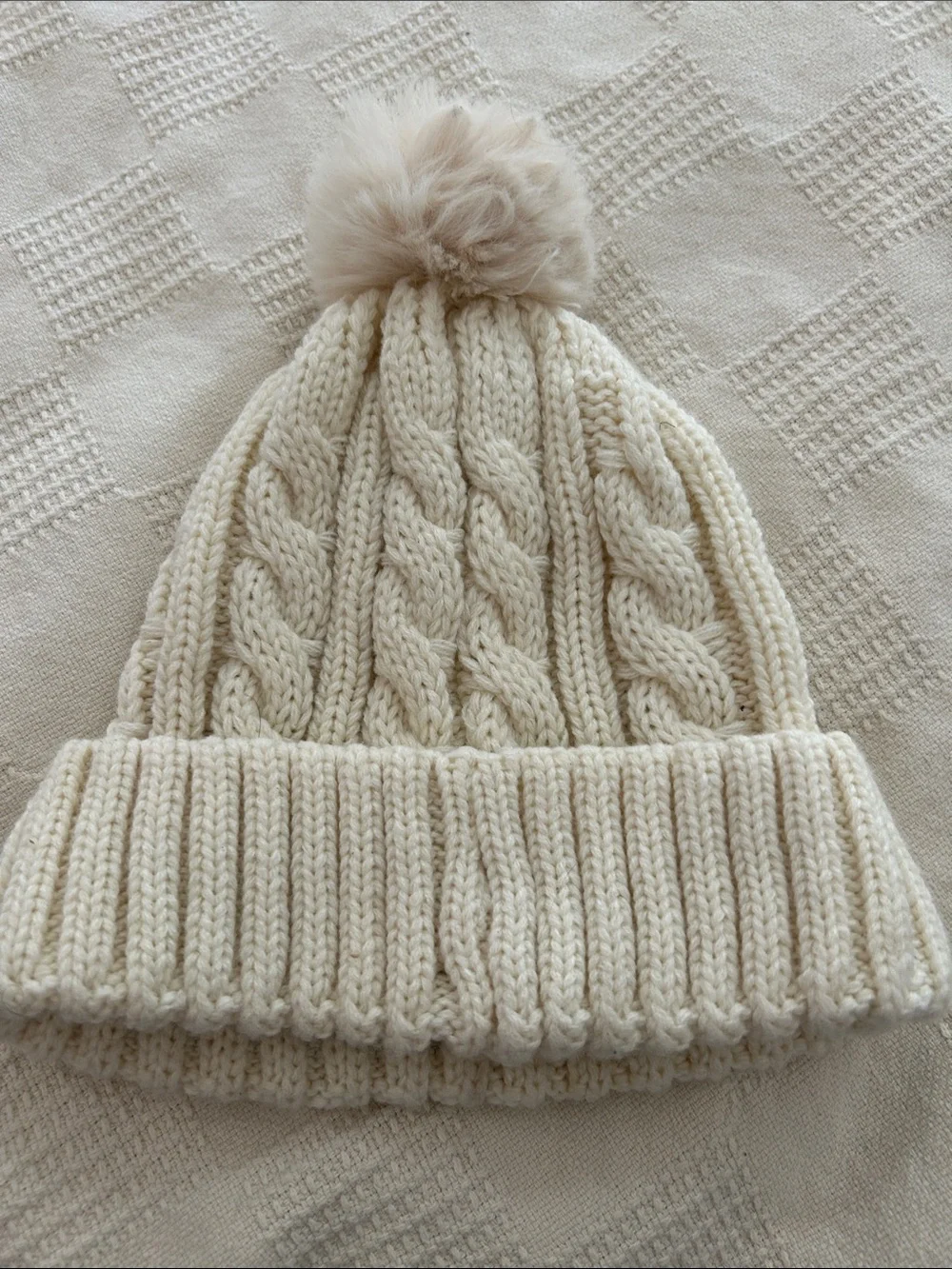 True Religion  Cream Cable-Knit Pom Beanie with Logo Patch